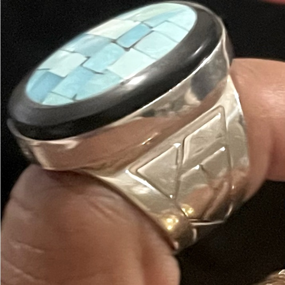 Stone Mosaic Ring Sterling Silver Size 6-7 Turquoise Statement